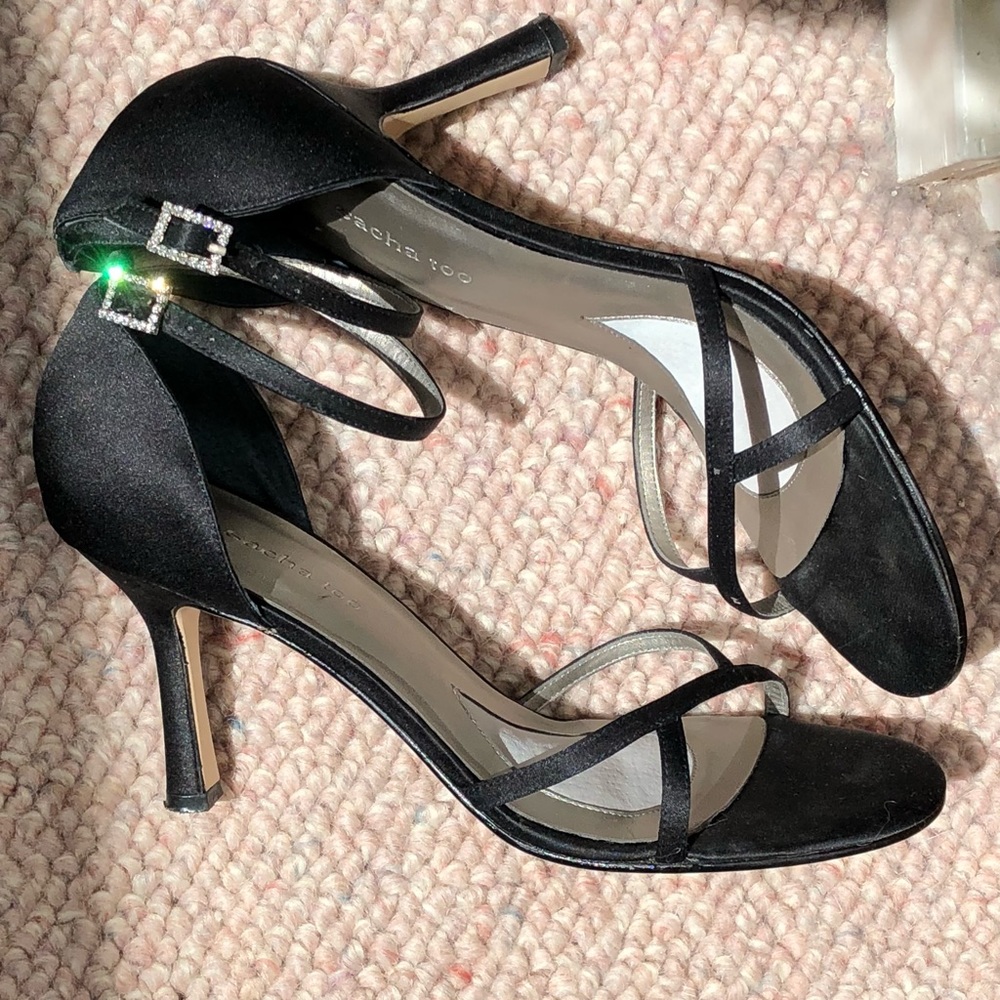 Sasha Too black satin heels with rhinestone ankle strap.